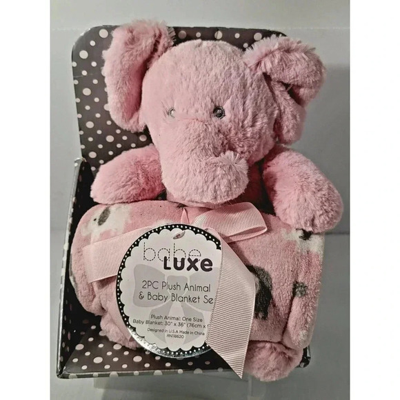 Babe Lux Plush Animal Elephant and Baby Blanket Set Pink and White New - Picture 1 of 6